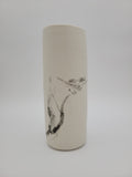 White ceramic cylindrical vase with hand painted bird design