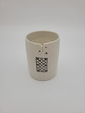 White ceramic vase - short - with filigree detail and decorative opening at rim