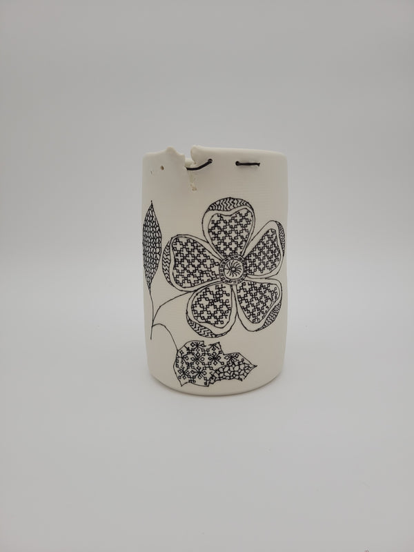 White ceramic vase - tall - with filigree detail