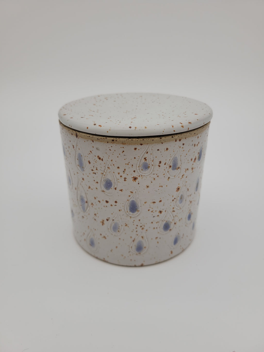 Ceramic butter crock, white with blue decorative detail