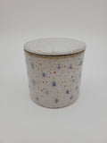Ceramic butter crock, white with blue decorative detail