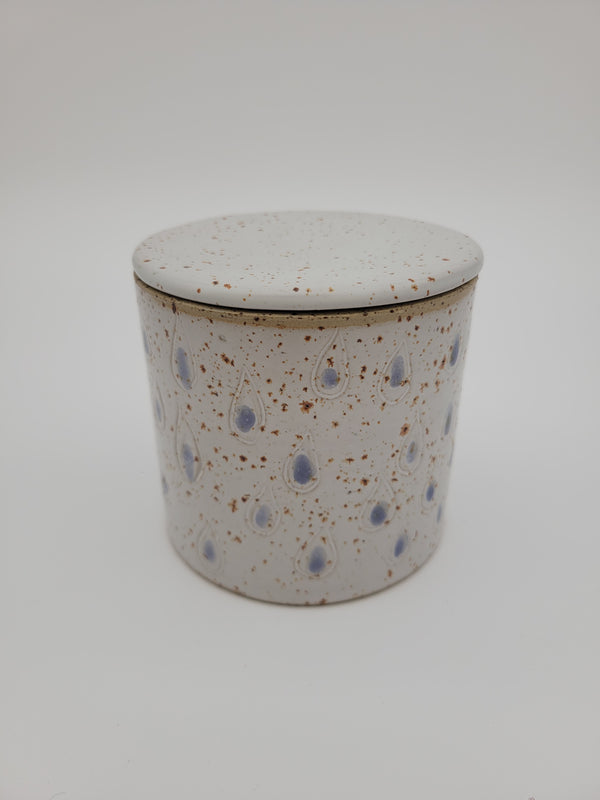 Ceramic butter crock, white with blue decorative detail