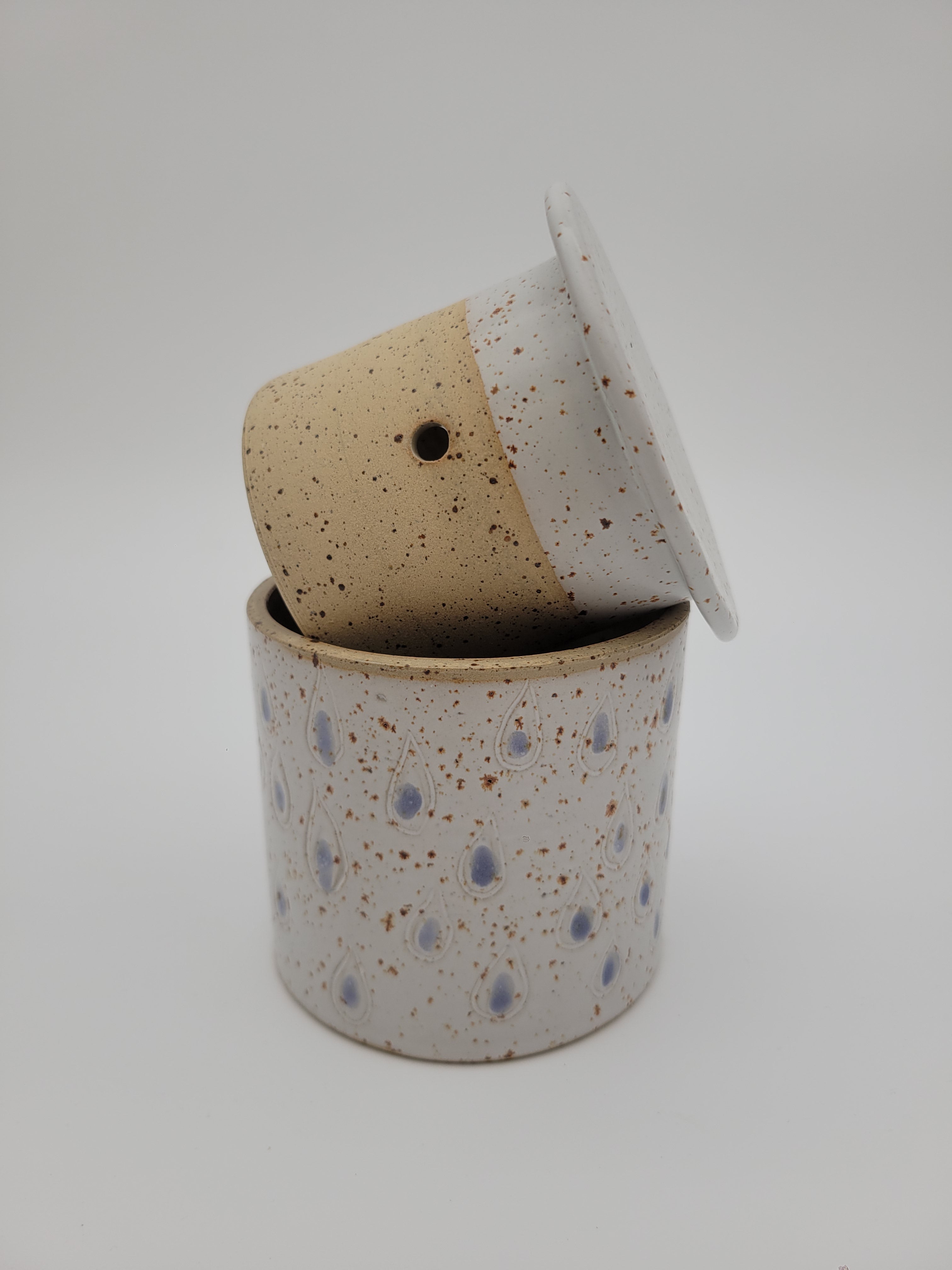 Ceramic butter crock, white with blue decorative detail