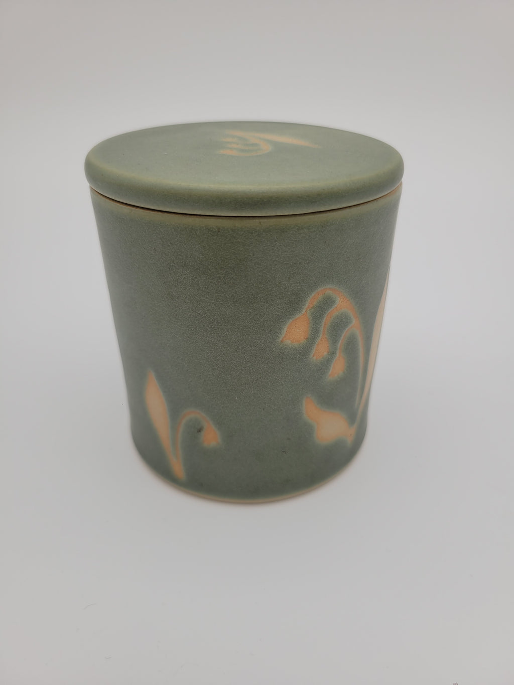 Butter crock, green glaze with floral detail