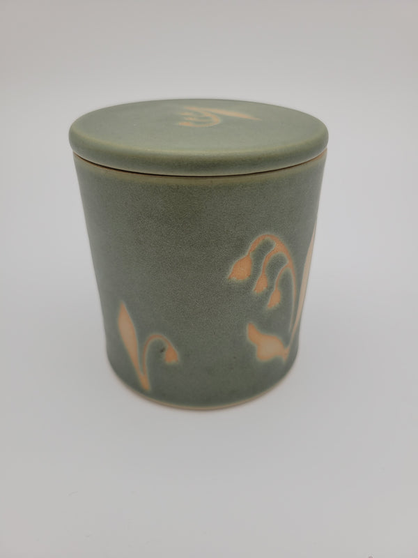 Butter crock, green glaze with floral detail
