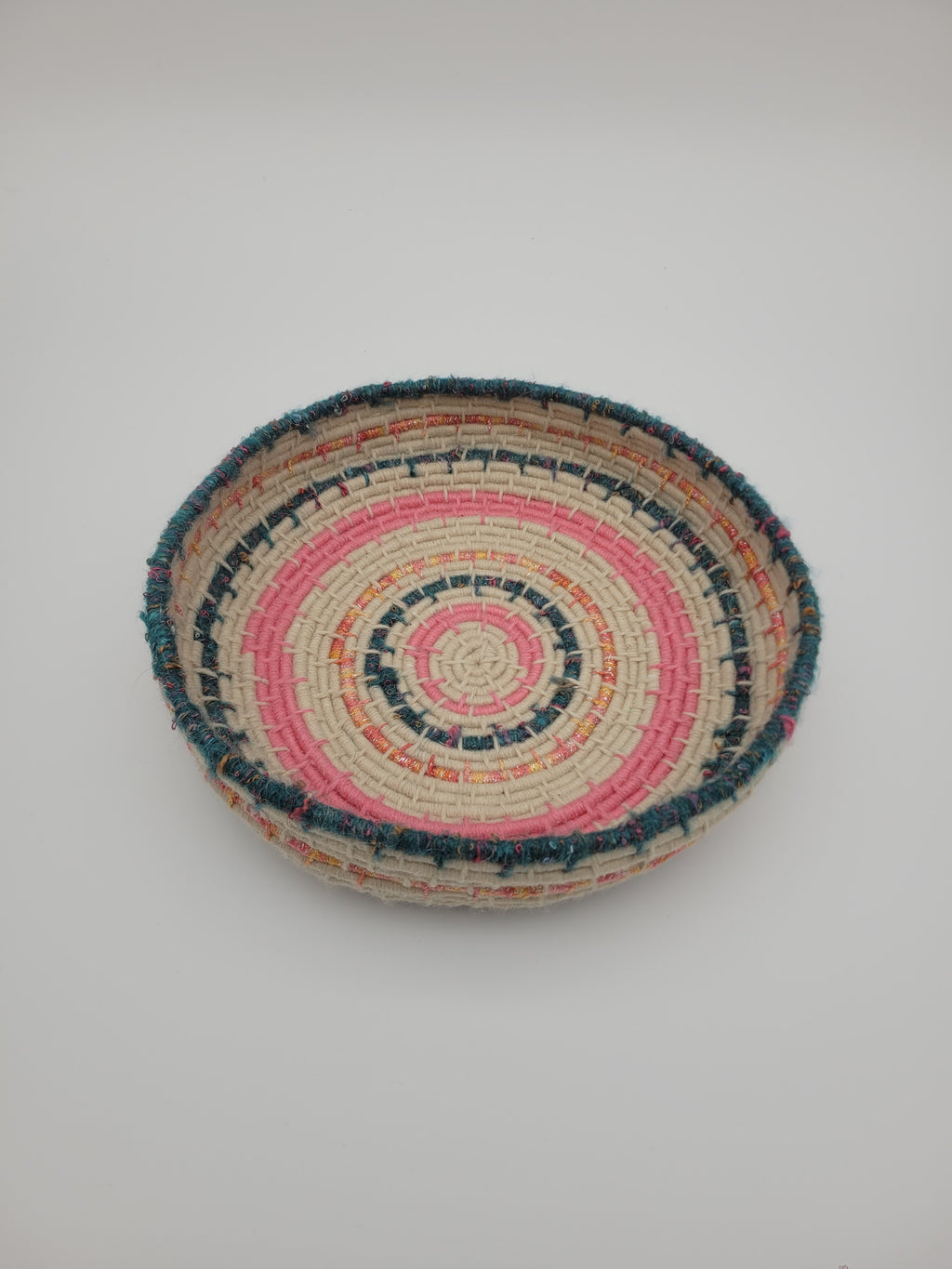 Handmade coiled yarn bowl - boho chic in pink, teal and natural