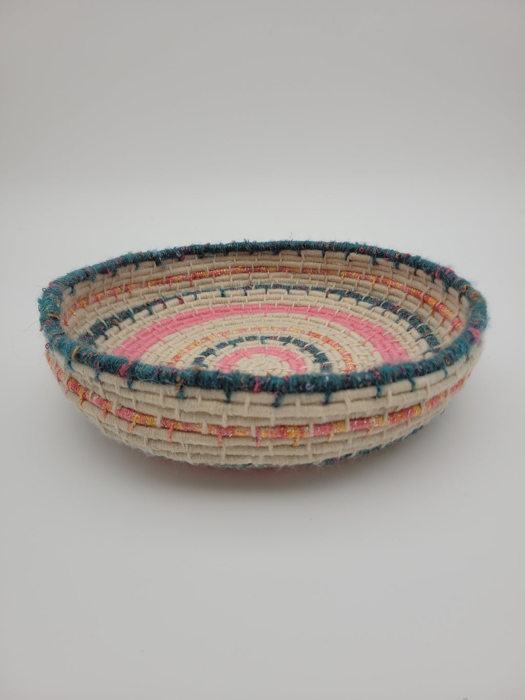 Handmade coiled yarn bowl - boho chic in pink, teal and natural