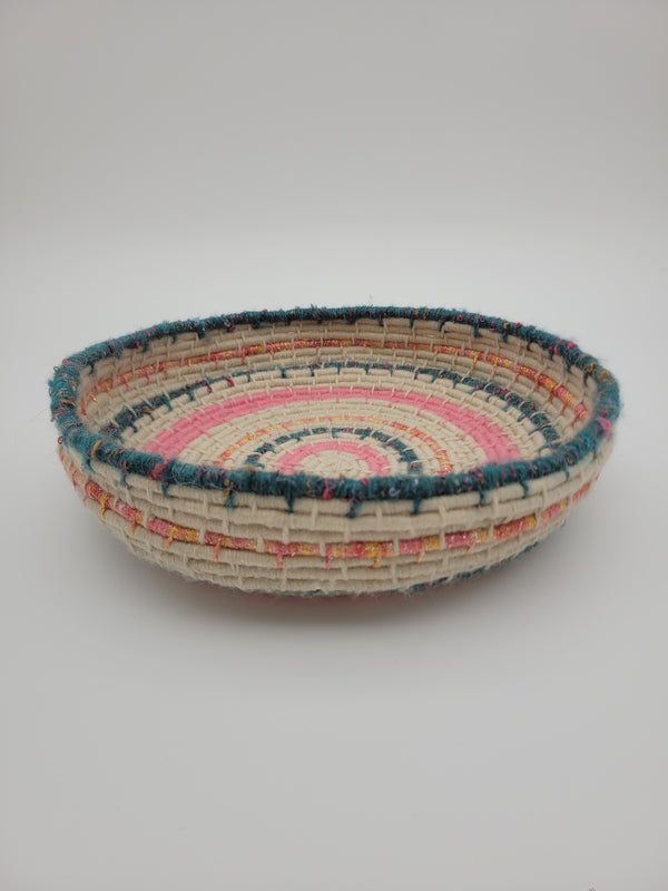 Handmade coiled yarn bowl - boho chic in pink, teal and natural