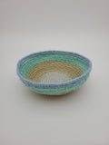 Handmade coiled yarn bowl in natural and sea foam colours