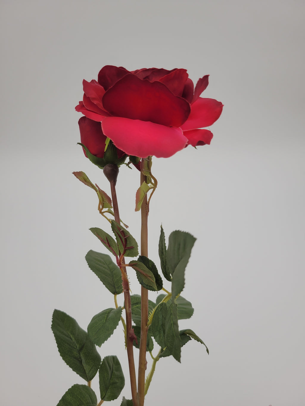 Deep red rose, with bud, faux