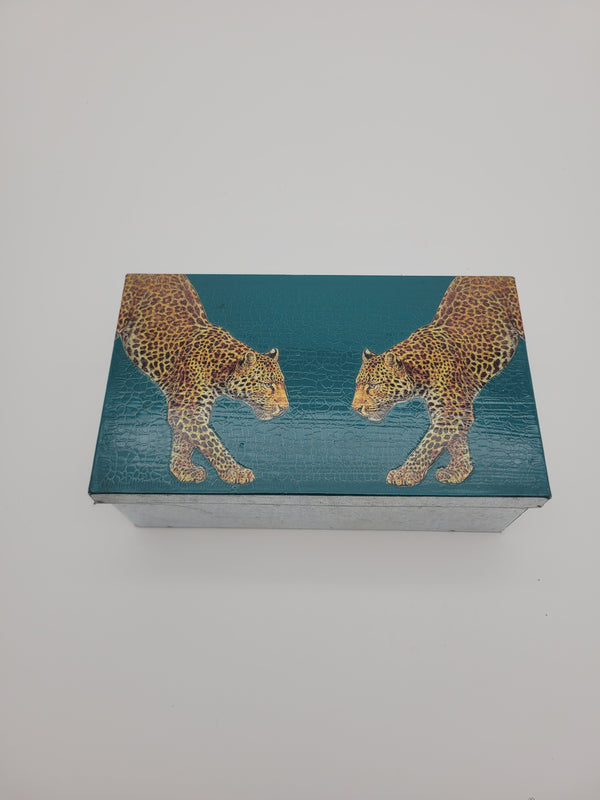 Decoupage tin with two leopards