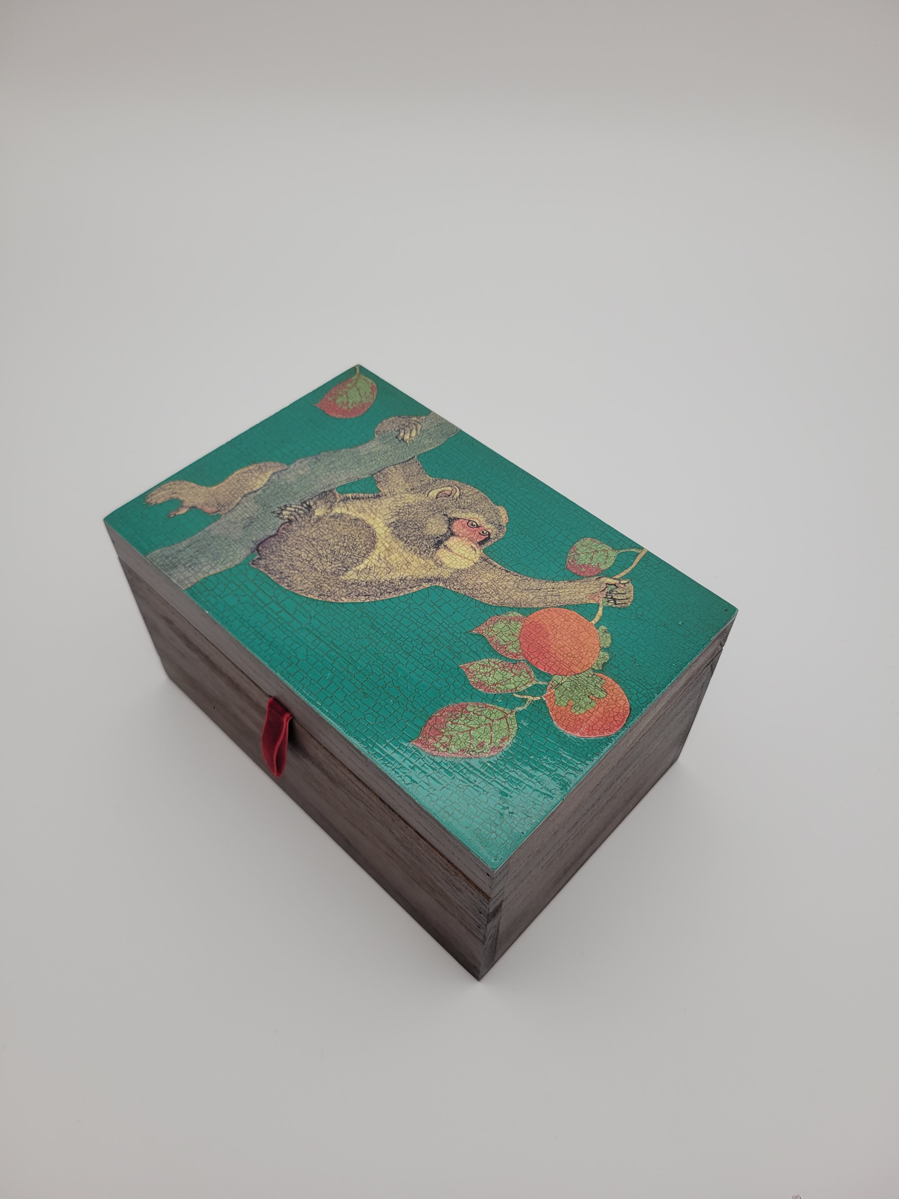 Wooden box with decoupage monkey on teal design