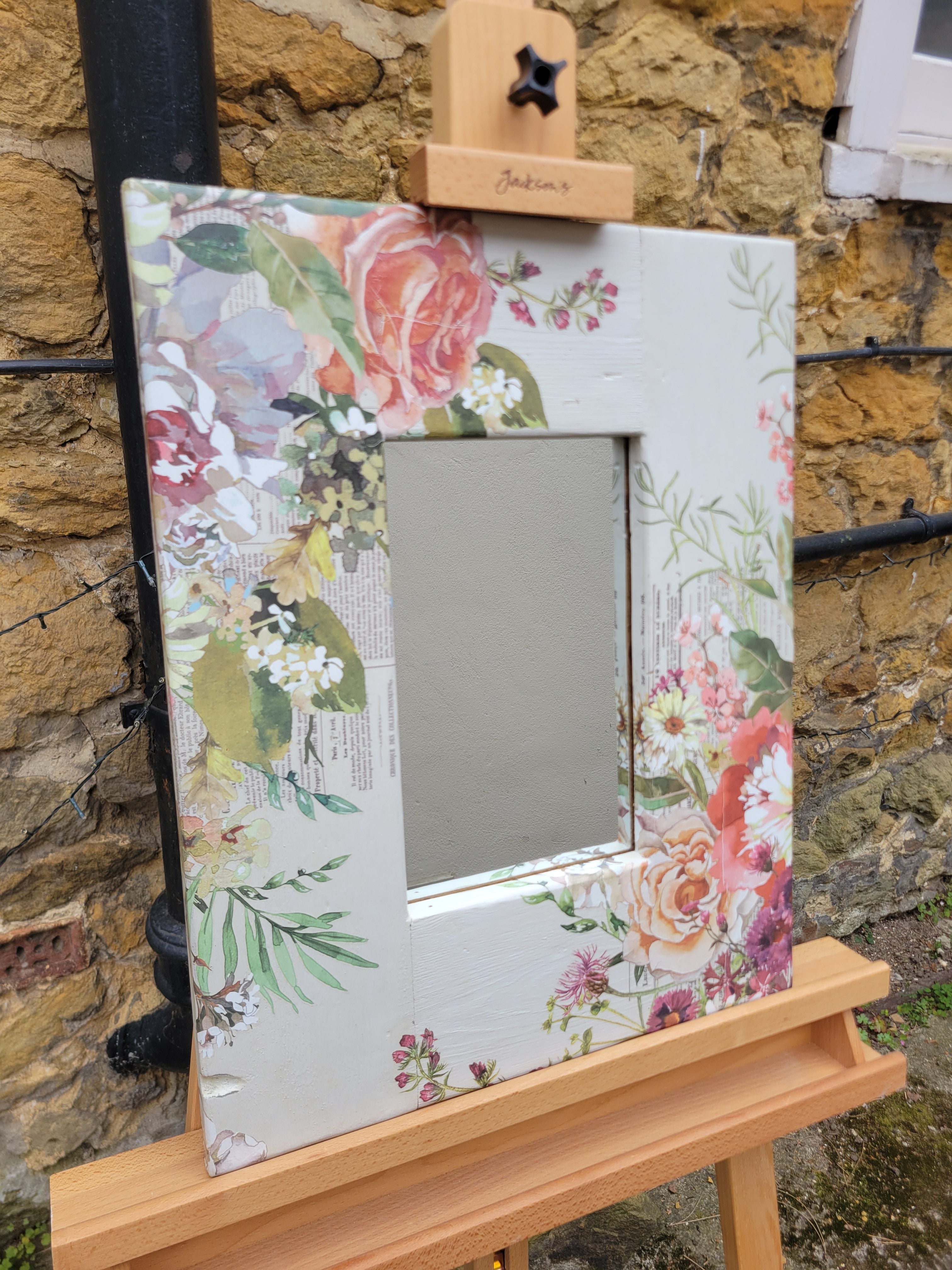 Mirror with wide decoupage surround with dark pink rose