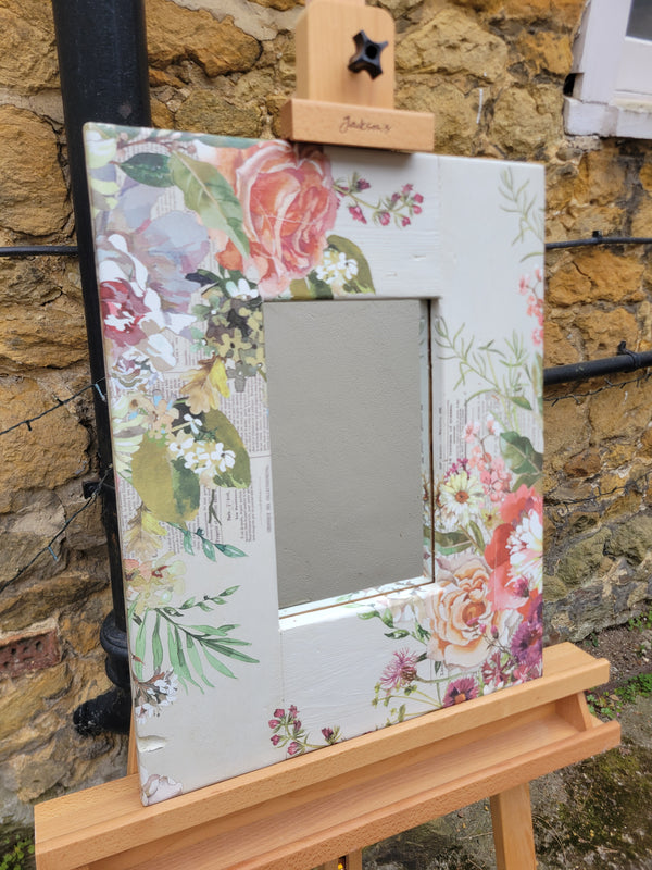 Mirror with wide decoupage surround with dark pink rose