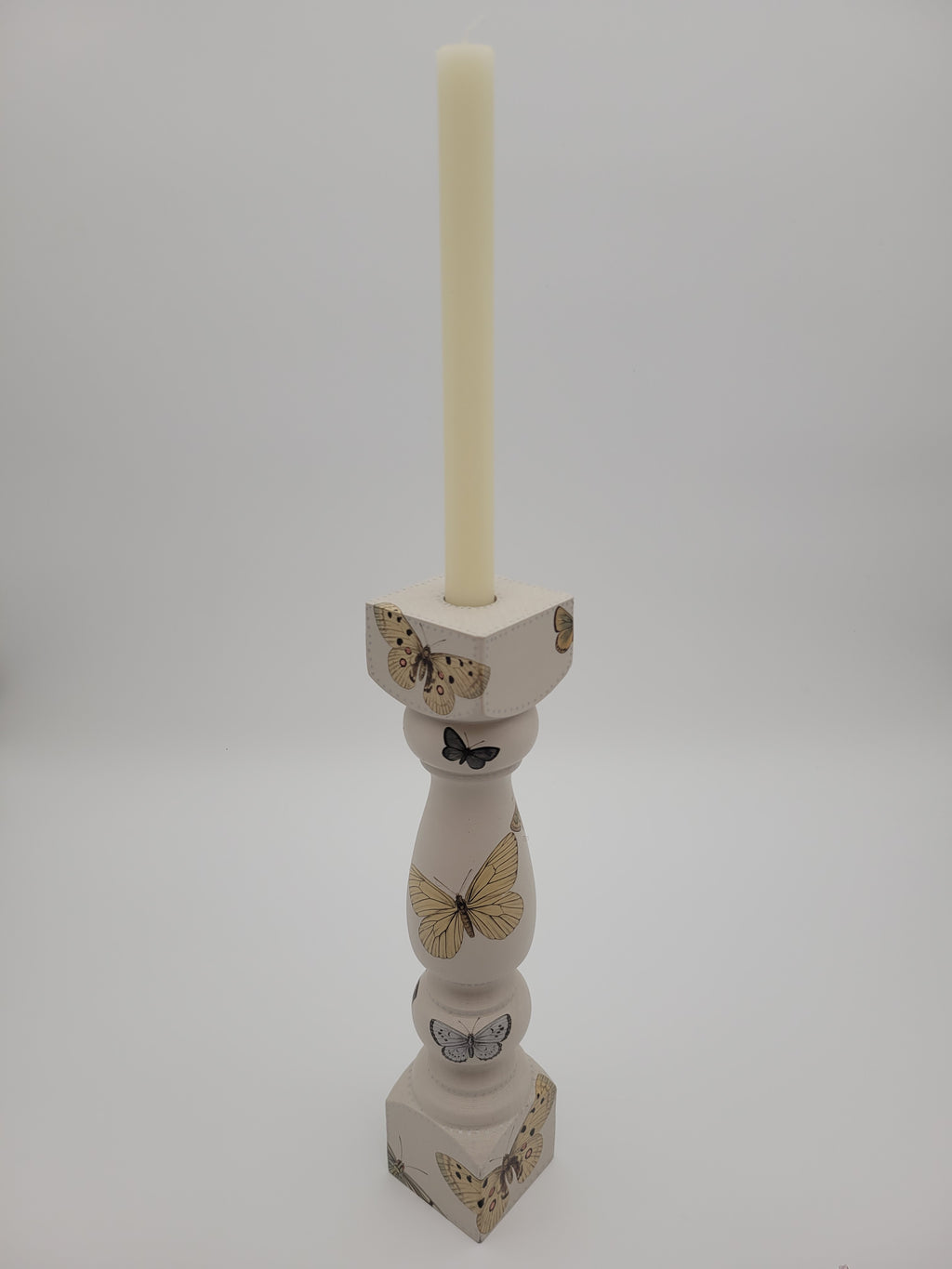 Decoupage Candlestick - butterflies on white background