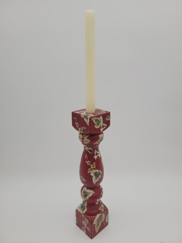 Decoupaged candlestick - ivy on red background