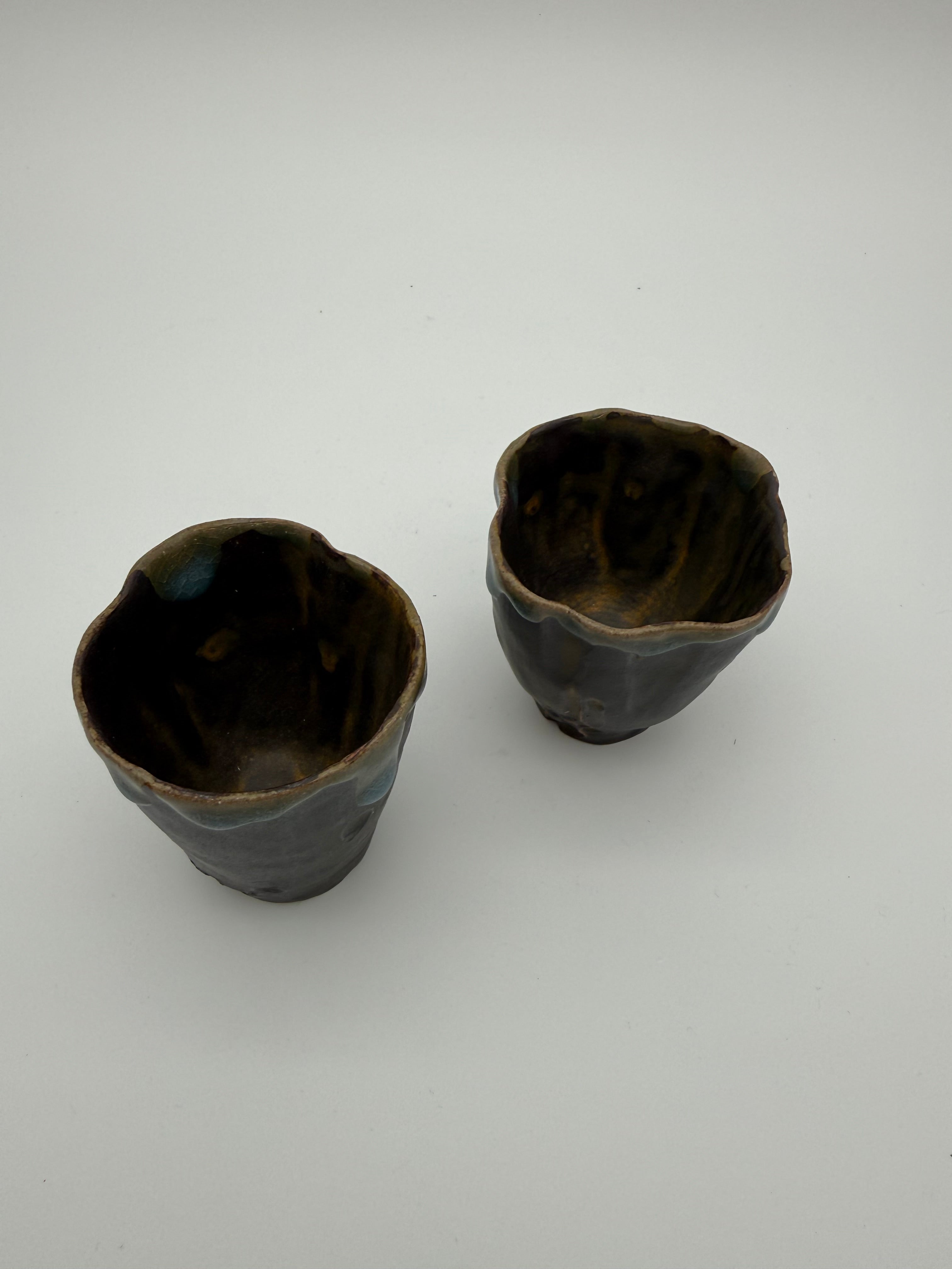 Sake cups - hand pinched with blue drip glaze detail
