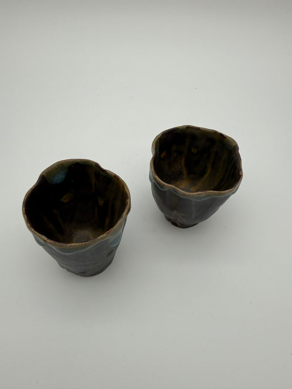 Sake cups - hand pinched with blue drip glaze detail