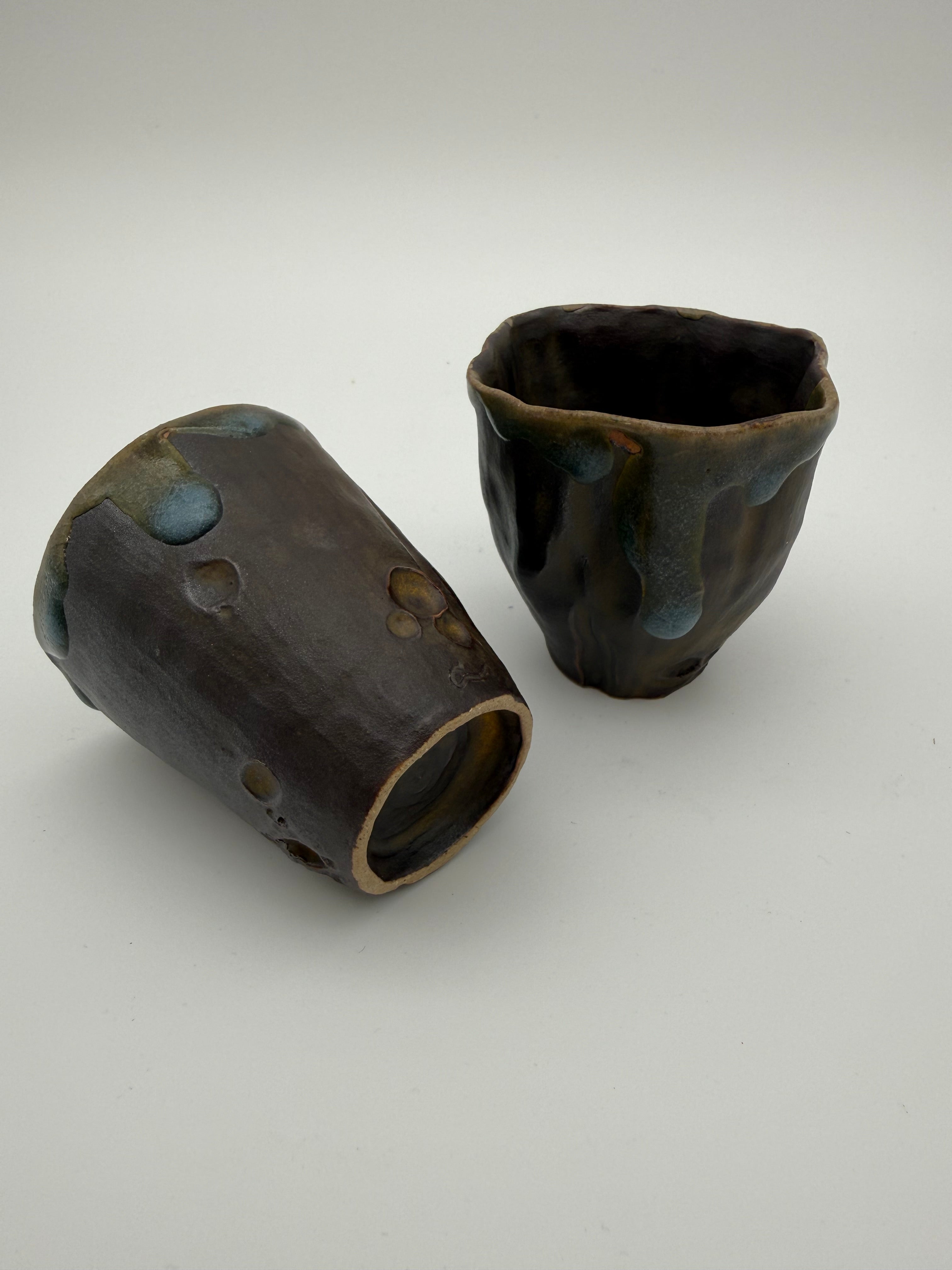 Sake cups - hand pinched with blue drip glaze detail
