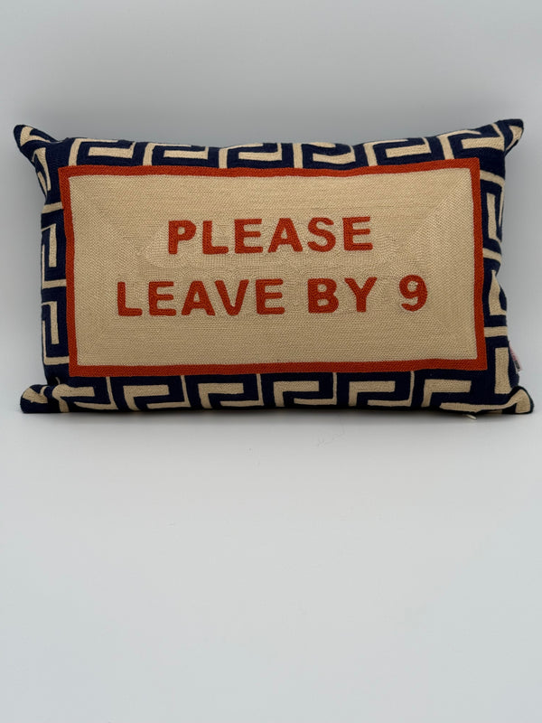 Cushion - "Please Leave By Nine".  Needlepoint.