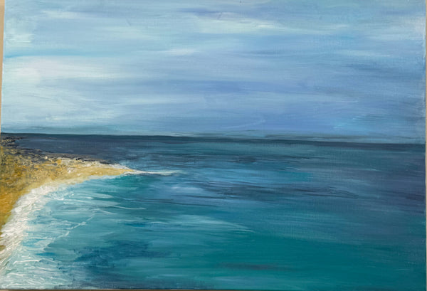 Painting of a coastal scene with blue water and sky.